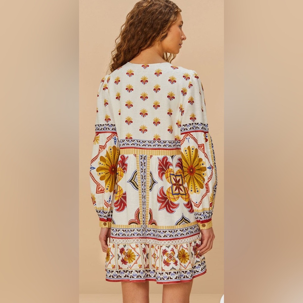 Farm Rio Off-White Bright Multi Tile Print Lightweight Long Sleeve Mini Dress: M - Picture 8 of 13